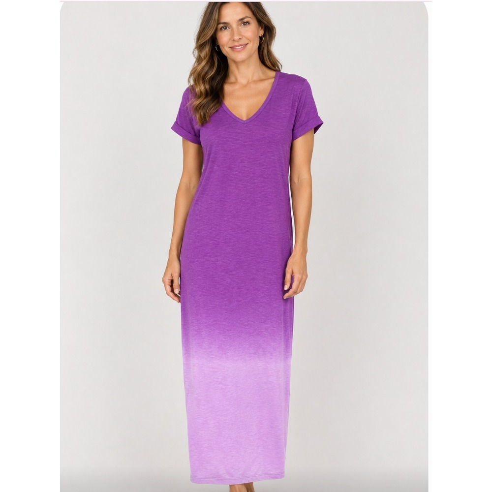 Chicos Slub Knit Maxi Dress Womens Sz 1 US 8/10 Purple Ombre Roll Tab Sleeve